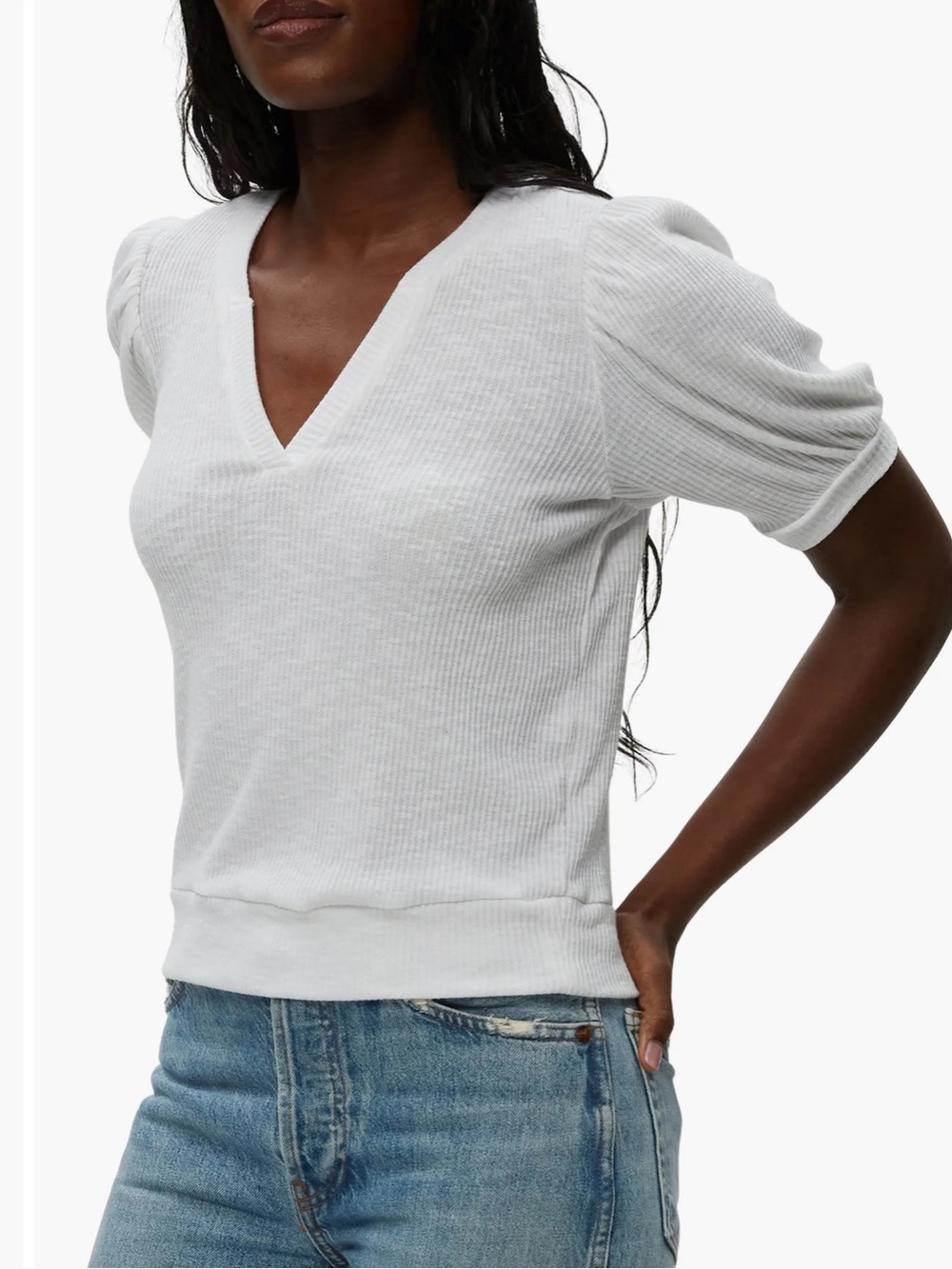 MICHAEL STARS Quinn Short Puff Sleeve Ribbing White Shirt Women’s Size Medium